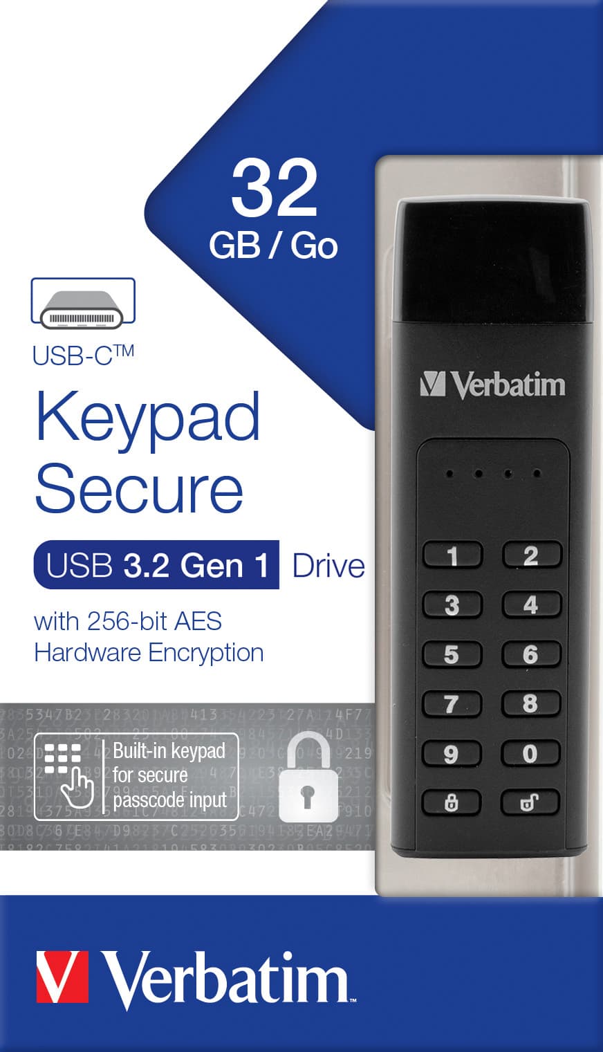 Clé USB 3.2 Verbatim 32 Go, sécurisée, clavier, AES-256-Bit Type-C, (R) 160 Mo/s, (W) 130 Mo/s, vente au détail