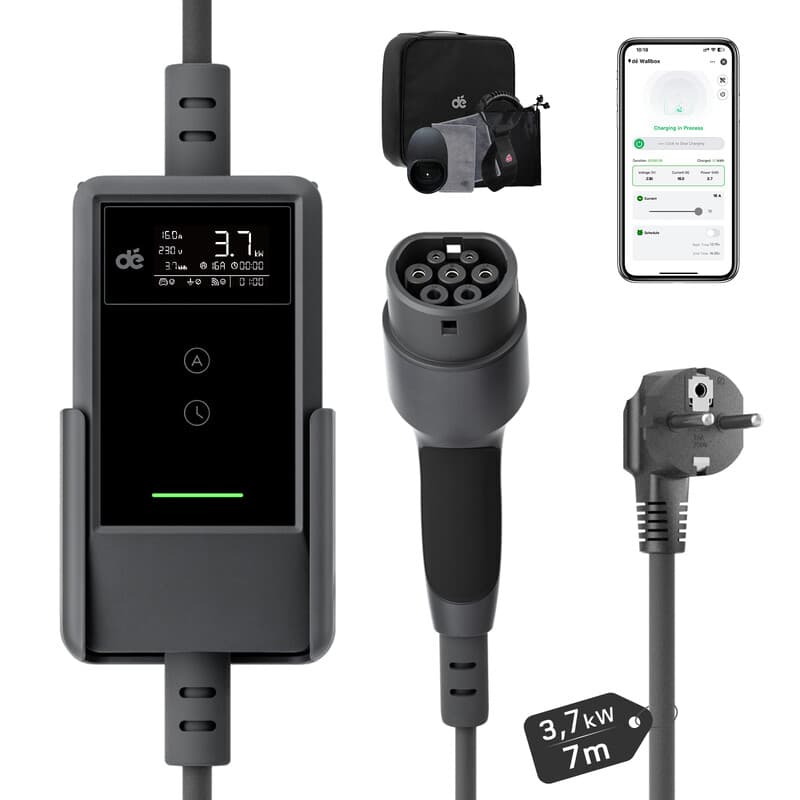 dé Chargeur pour véhicule électrique 3,7 kW Contrôle via application Type 2 câble de recharge 7 m 6-16 A réglable avec kit d'adaptateurs de voyage compatible E-208, Model Y, E-Tech, 500e et autres EV/PHEV