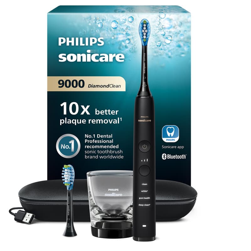 Philips Sonicare DiamondClean 9000 HX9913/18 Brosse à dents électrique avec application, capteur de pression, 4 modes de brossage, 3 niveaux d'intensité, verre de charge, coffret voyage USB - Noir