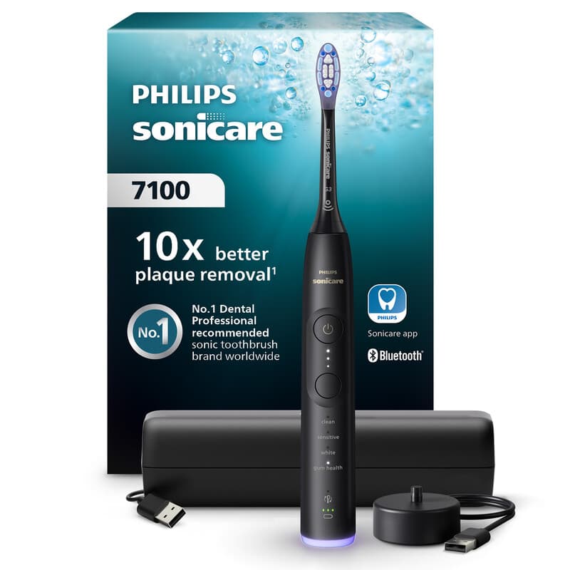 Philips Sonicare Series 7100 HX7421/01 Brosse à dents électrique avec application, capteur de pression, 4 modes de brossage, 3 niveaux d'intensité, coffret voyage USB - Noir