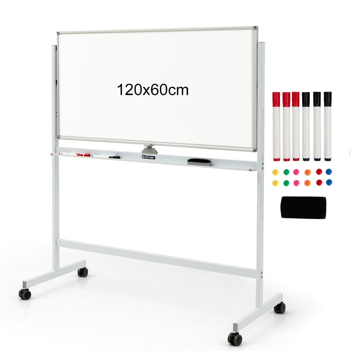 Tableau Blanc Mobile Magnétique Double Face avec 6 Marqueurs 12 Aimants et 1 Gomme pour Bureau Blanc